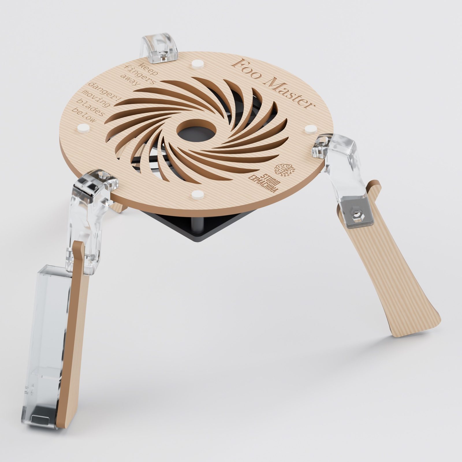 Foo Master: a round laser-cut wooden fan top on three wooden legs